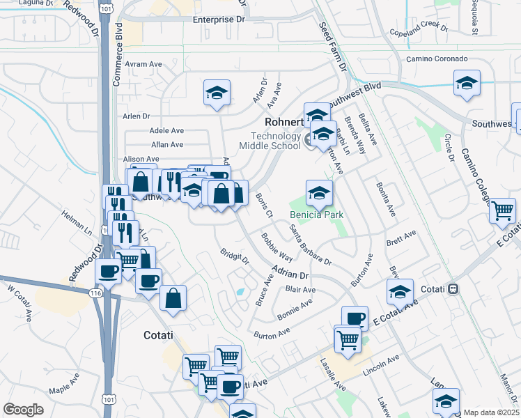 map of restaurants, bars, coffee shops, grocery stores, and more near 7397 Boris Court in Rohnert Park