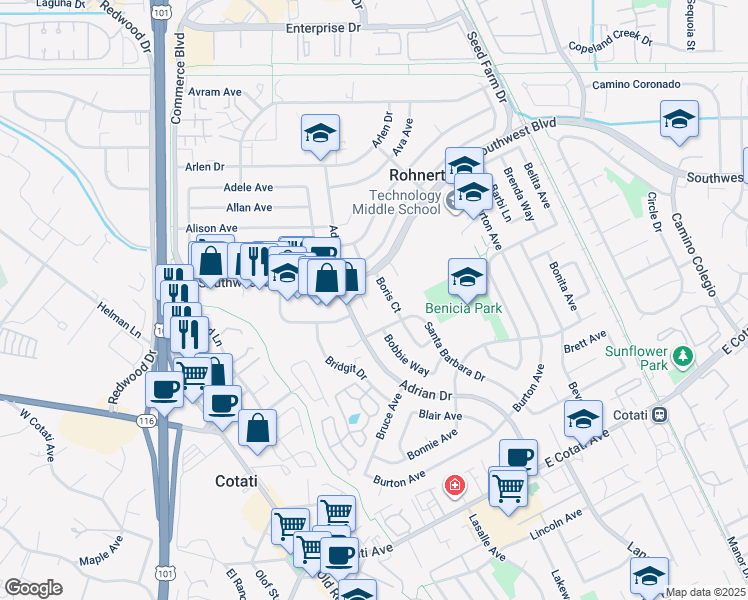 map of restaurants, bars, coffee shops, grocery stores, and more near 7300 Adrian Drive in Rohnert Park