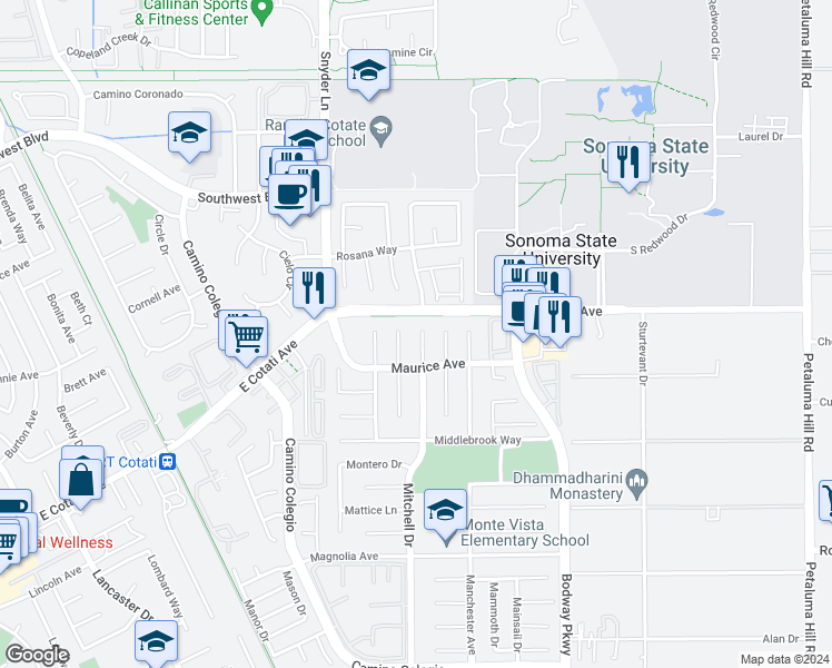 map of restaurants, bars, coffee shops, grocery stores, and more near 7413 Mitchell Drive in Rohnert Park