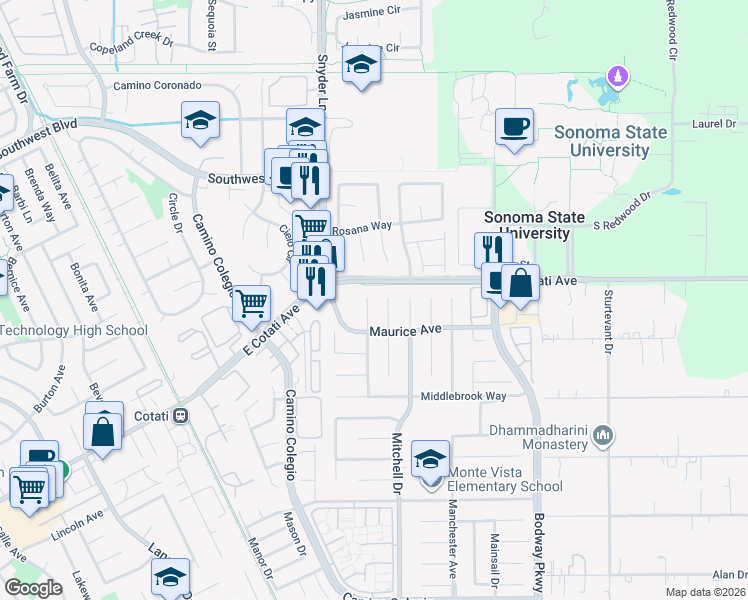 map of restaurants, bars, coffee shops, grocery stores, and more near 7462 Mercedes Way in Rohnert Park