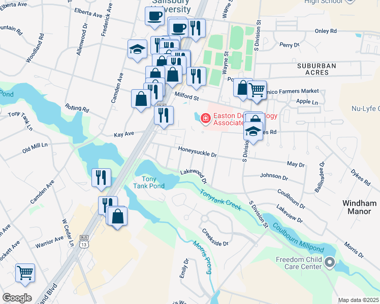 map of restaurants, bars, coffee shops, grocery stores, and more near 1500 Laurel Drive in Salisbury