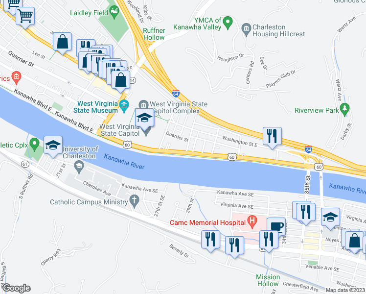 map of restaurants, bars, coffee shops, grocery stores, and more near 2026 California Ave in Charleston