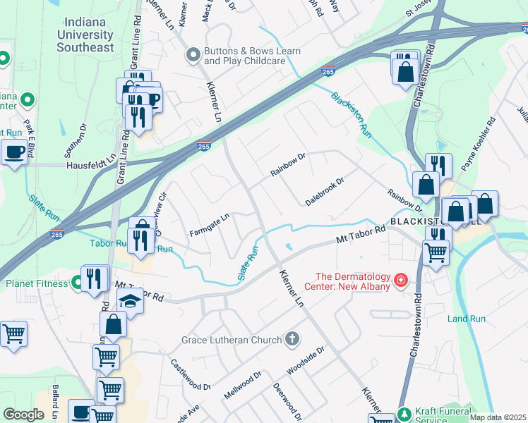 map of restaurants, bars, coffee shops, grocery stores, and more near 3712 Klerner Lane in New Albany