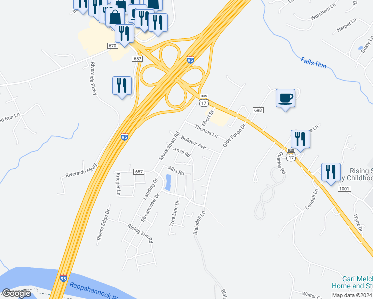map of restaurants, bars, coffee shops, grocery stores, and more near 907 Anvil Road in Fredericksburg