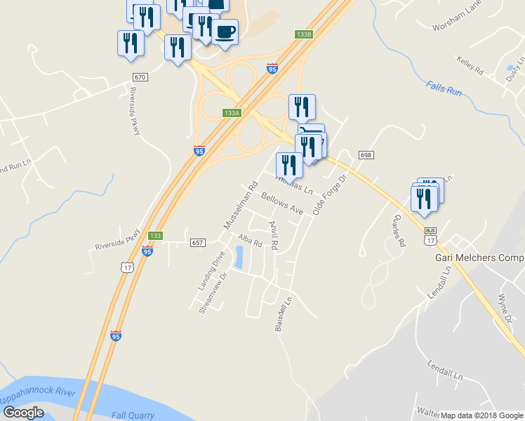 map of restaurants, bars, coffee shops, grocery stores, and more near 911 Anvil Road in Fredericksburg