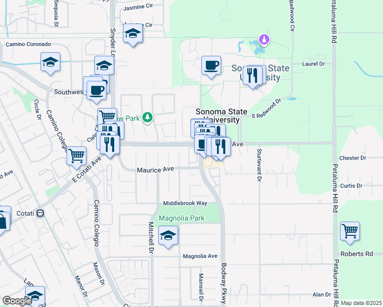 map of restaurants, bars, coffee shops, grocery stores, and more near 21 Meridian Circle in Rohnert Park