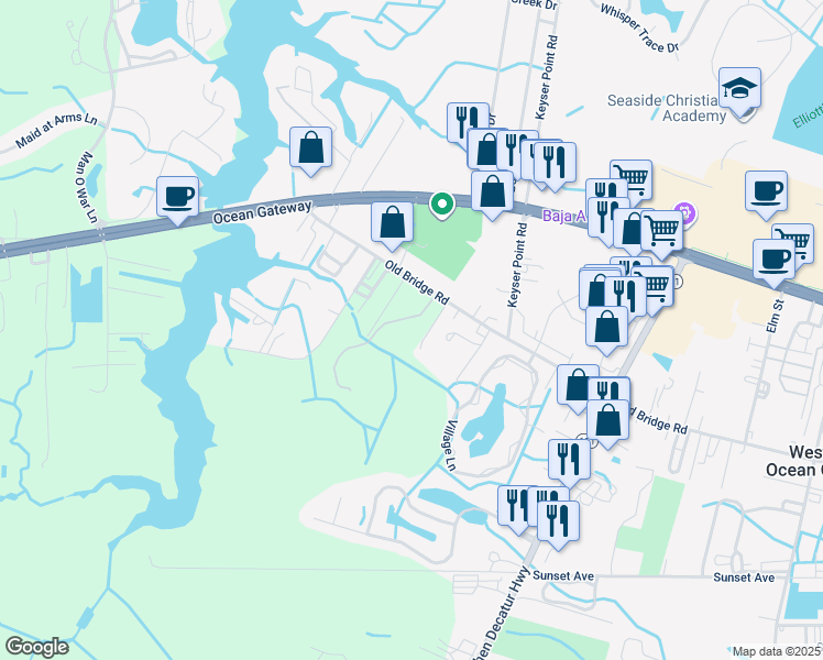 map of restaurants, bars, coffee shops, grocery stores, and more near 12507 Sunset Avenue in Ocean City