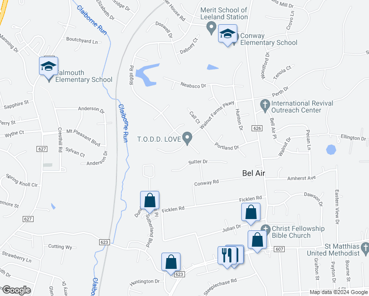 map of restaurants, bars, coffee shops, grocery stores, and more near 83 Walnut Farms Parkway in Fredericksburg