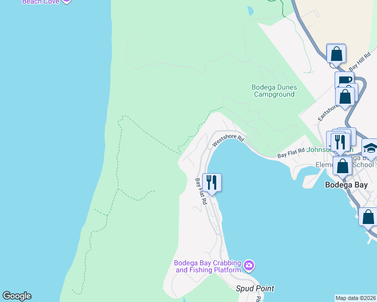 map of restaurants, bars, coffee shops, grocery stores, and more near 1836 Whaleship Road in Bodega Bay