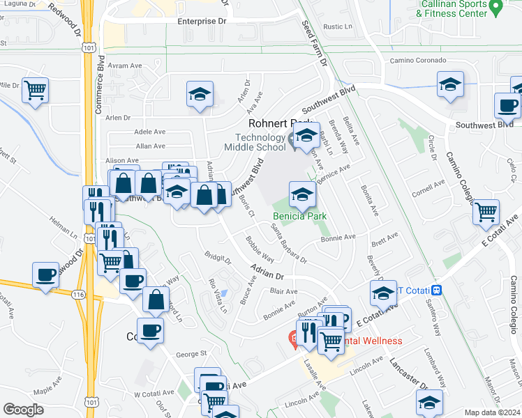 map of restaurants, bars, coffee shops, grocery stores, and more near 7397 Boris Court in Rohnert Park