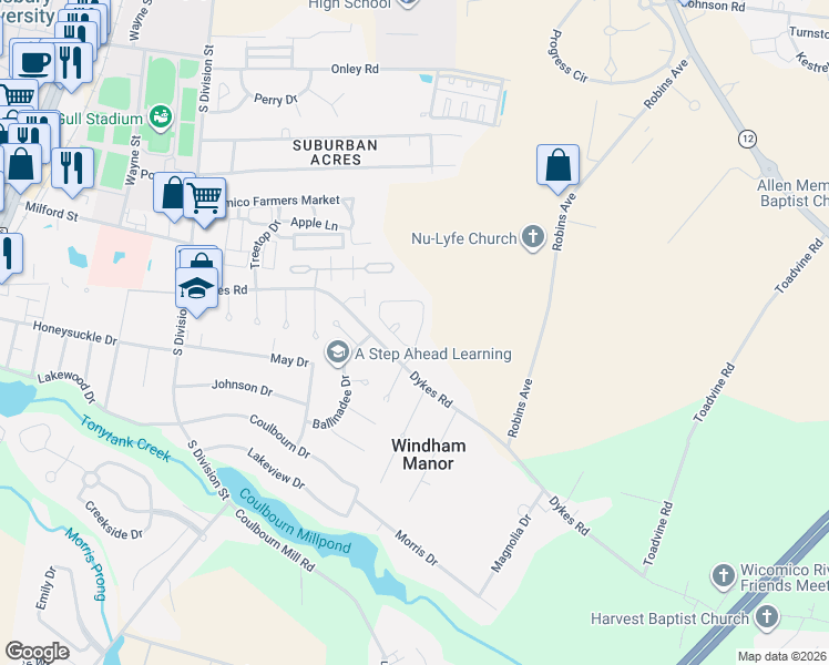 map of restaurants, bars, coffee shops, grocery stores, and more near 303 Vail Court in Salisbury