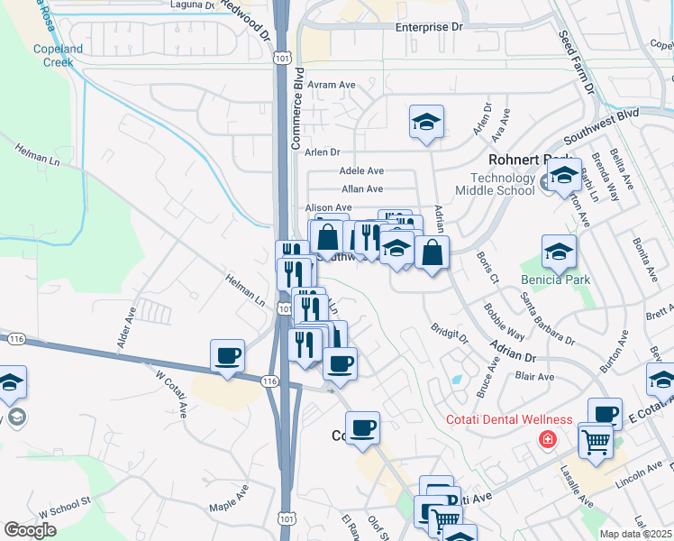 map of restaurants, bars, coffee shops, grocery stores, and more near 125 Southwest Boulevard in Rohnert Park