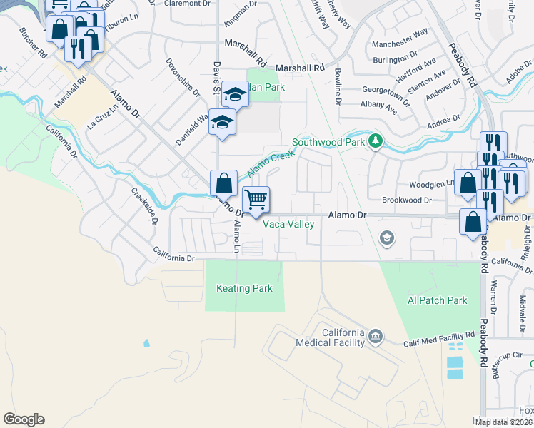 map of restaurants, bars, coffee shops, grocery stores, and more near 1501 Alamo Drive in Vacaville