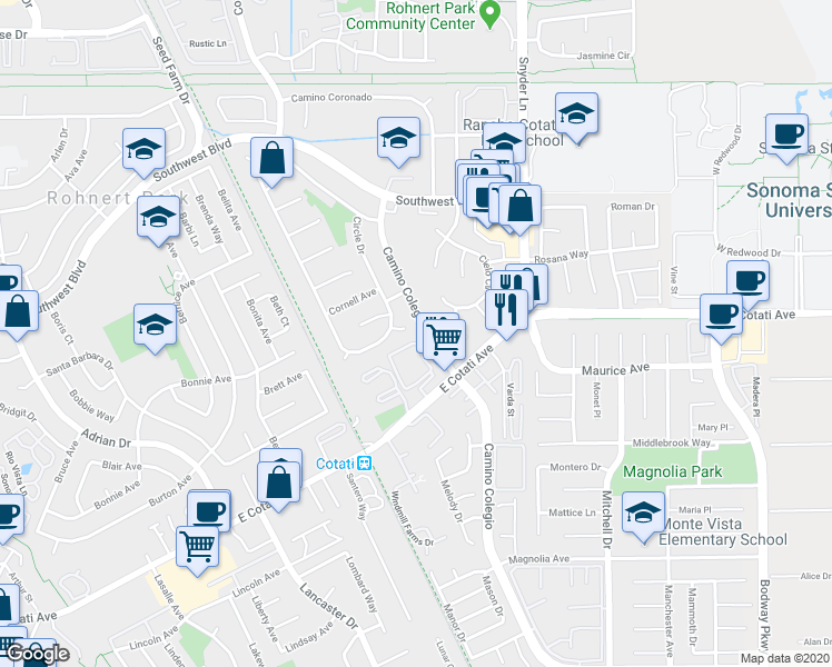 map of restaurants, bars, coffee shops, grocery stores, and more near 7381 Carriage Court in Rohnert Park