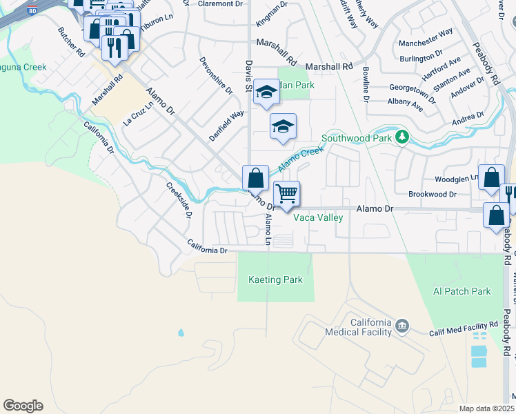 map of restaurants, bars, coffee shops, grocery stores, and more near 1460 Alamo Drive in Vacaville