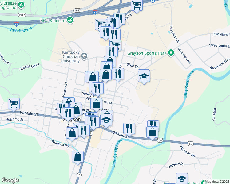 map of restaurants, bars, coffee shops, grocery stores, and more near Armstrong Street in Grayson