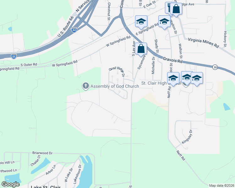 map of restaurants, bars, coffee shops, grocery stores, and more near 26 Fawn Circle in Saint Clair