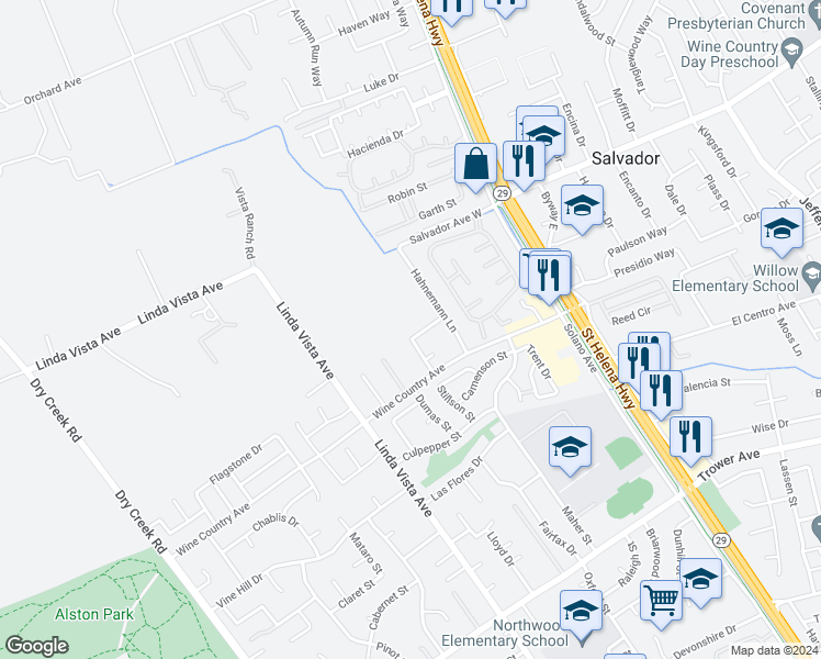 map of restaurants, bars, coffee shops, grocery stores, and more near 30 Emperor Way in Napa
