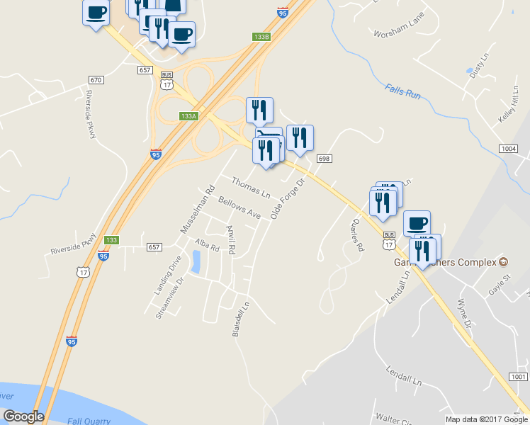 map of restaurants, bars, coffee shops, grocery stores, and more near 729 Bellows Avenue in Fredericksburg