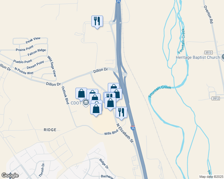 map of restaurants, bars, coffee shops, grocery stores, and more near 5890 North Elizabeth Street in Pueblo