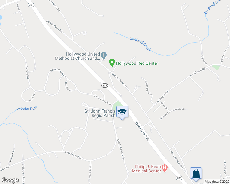 map of restaurants, bars, coffee shops, grocery stores, and more near 24385 Three Notch Road in Hollywood