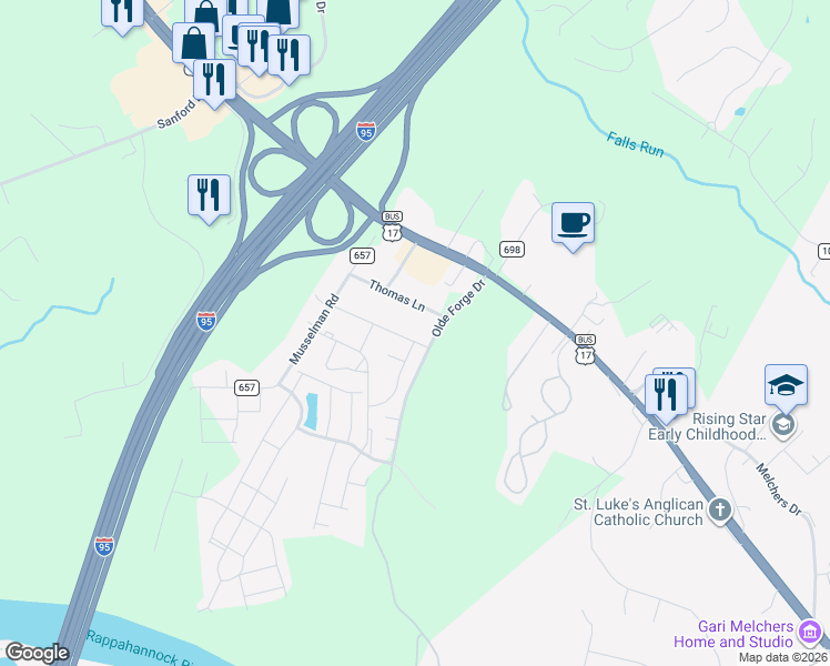 map of restaurants, bars, coffee shops, grocery stores, and more near 733 Bellows Avenue in Fredericksburg