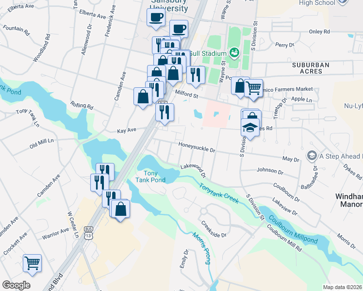 map of restaurants, bars, coffee shops, grocery stores, and more near 1411 Varsity Lane in Salisbury