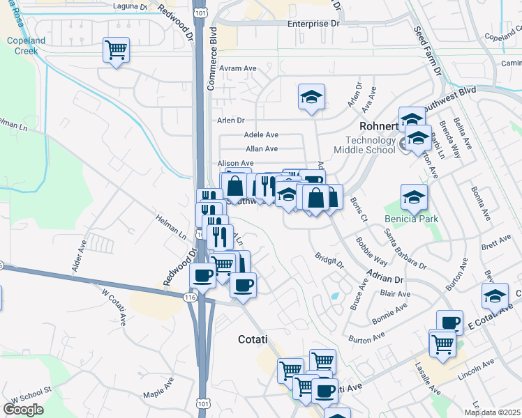 map of restaurants, bars, coffee shops, grocery stores, and more near 135 Southwest Boulevard in Rohnert Park