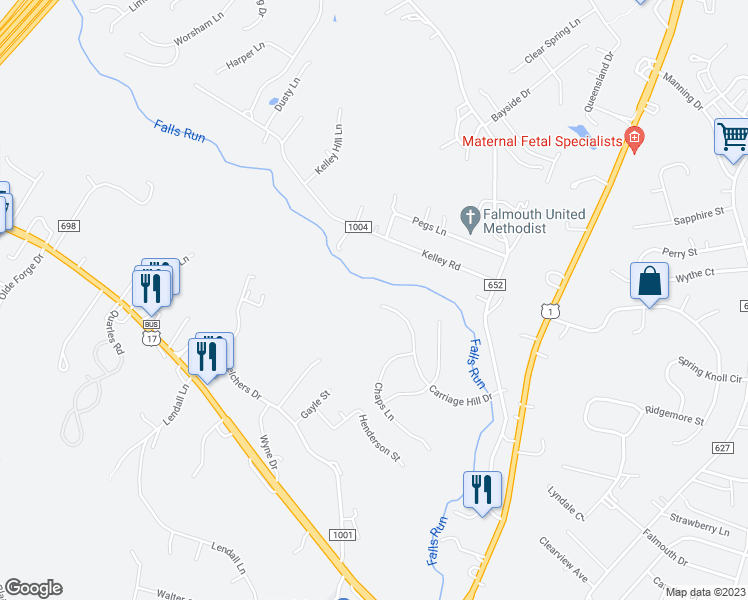 map of restaurants, bars, coffee shops, grocery stores, and more near 152 Carriage Hill Drive in Fredericksburg