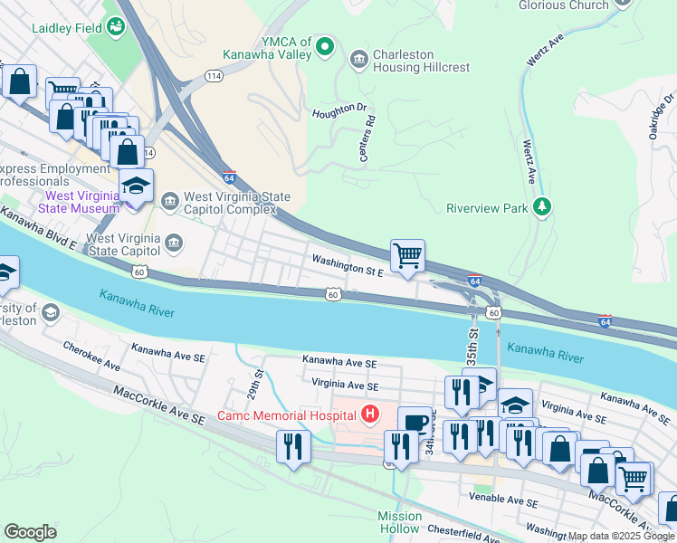 map of restaurants, bars, coffee shops, grocery stores, and more near 2321 Chesapeake Avenue in Charleston