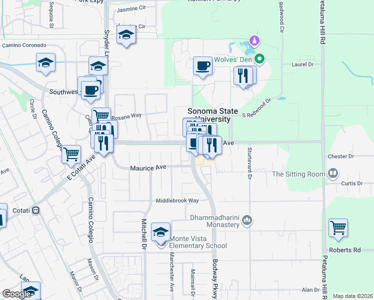 map of restaurants, bars, coffee shops, grocery stores, and more near 36 Meridian Circle in Rohnert Park