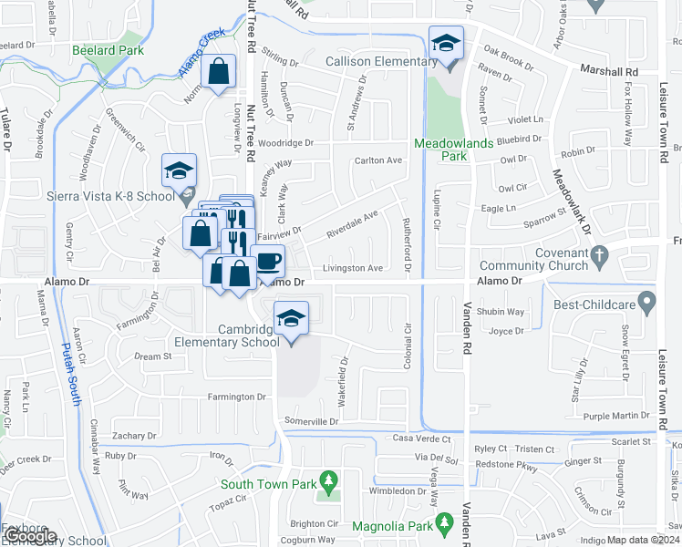 map of restaurants, bars, coffee shops, grocery stores, and more near 220 Livingston Avenue in Vacaville