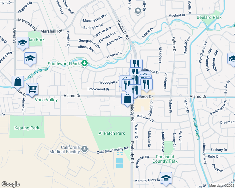 map of restaurants, bars, coffee shops, grocery stores, and more near 1900 Wildwood Lane in Vacaville