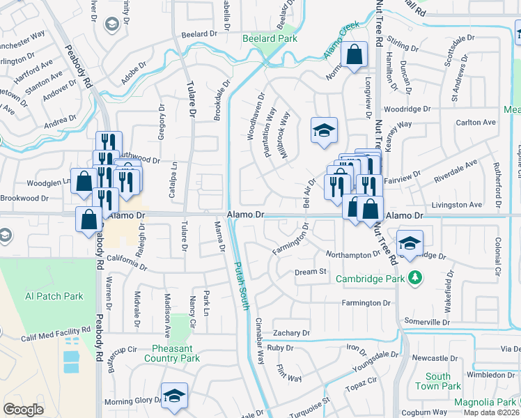 map of restaurants, bars, coffee shops, grocery stores, and more near 232 Gentry Circle in Vacaville