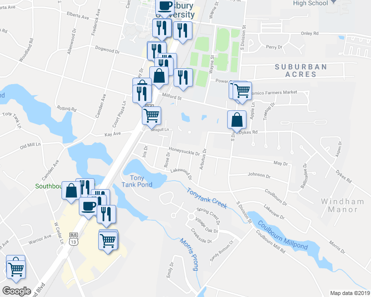map of restaurants, bars, coffee shops, grocery stores, and more near 137 Honeysuckle Drive in Salisbury