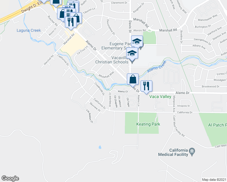 map of restaurants, bars, coffee shops, grocery stores, and more near 1203 Araquipa Court in Vacaville