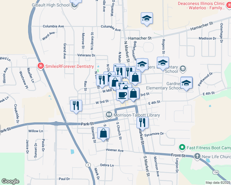 map of restaurants, bars, coffee shops, grocery stores, and more near 118 West Mill Street in Waterloo