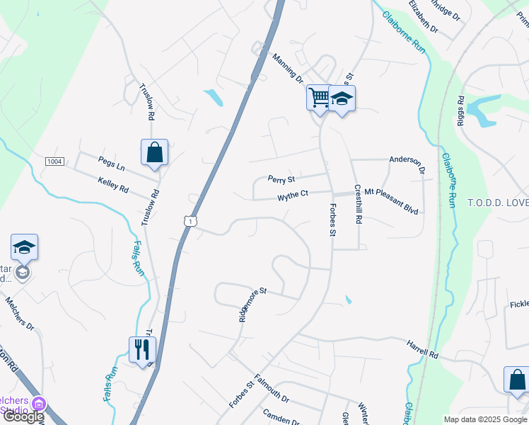 map of restaurants, bars, coffee shops, grocery stores, and more near 832 Spring Valley Drive in Fredericksburg