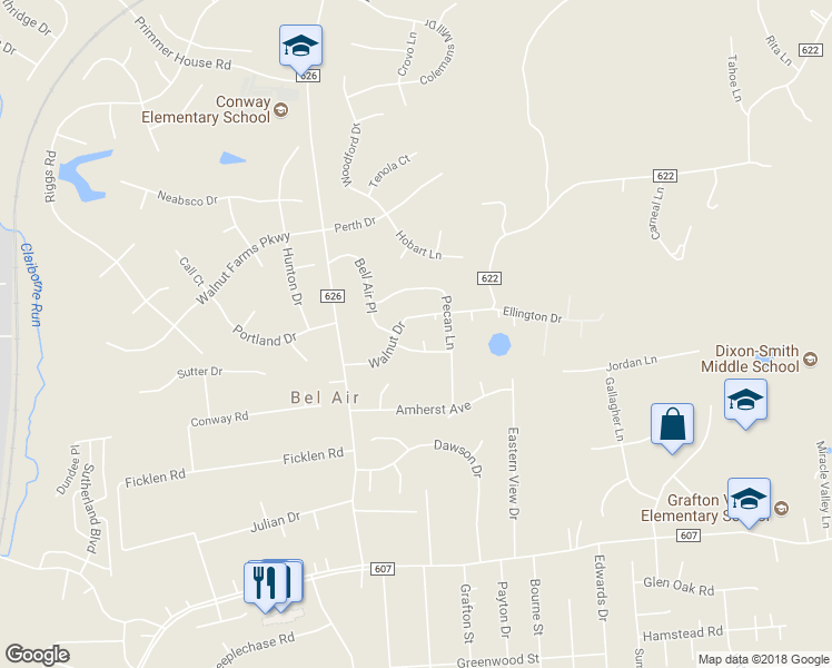 map of restaurants, bars, coffee shops, grocery stores, and more near 3 Bell Air Court in Fredericksburg