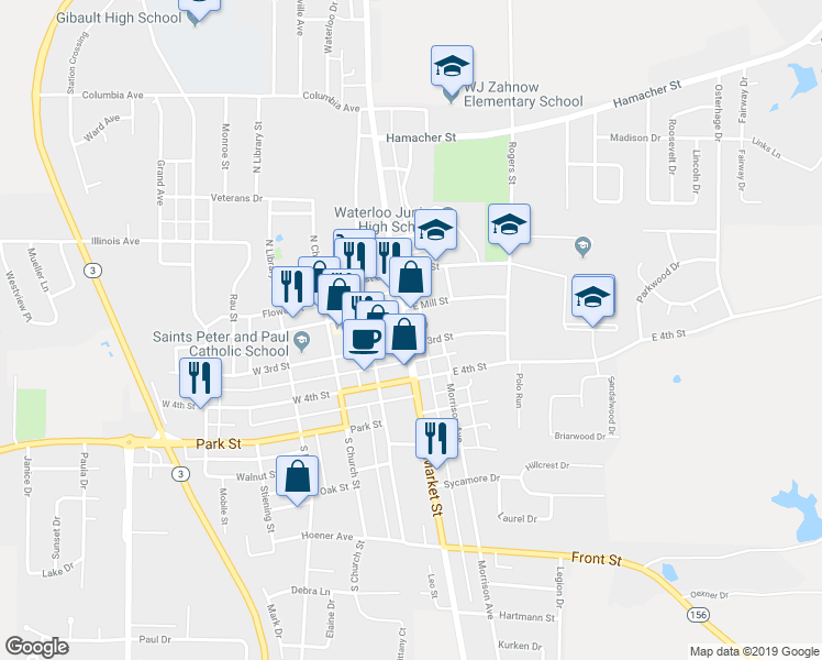 map of restaurants, bars, coffee shops, grocery stores, and more near 110 South Market Street in Waterloo