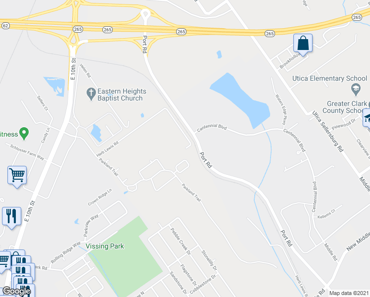 map of restaurants, bars, coffee shops, grocery stores, and more near Herb Lewis Road in Jeffersonville