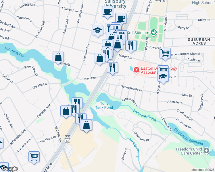 map of restaurants, bars, coffee shops, grocery stores, and more near 225 Lakewood Drive in Salisbury