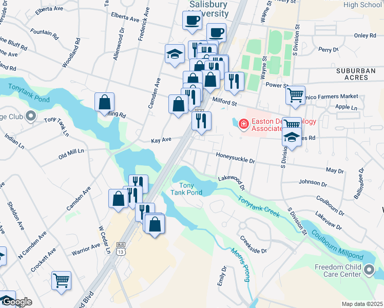map of restaurants, bars, coffee shops, grocery stores, and more near 225 Lakewood Drive in Salisbury