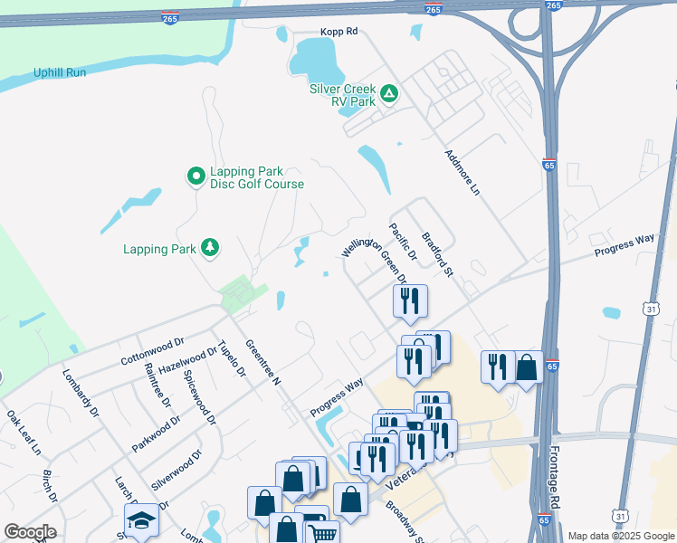 map of restaurants, bars, coffee shops, grocery stores, and more near 2263 Wellington Green Drive in Clarksville