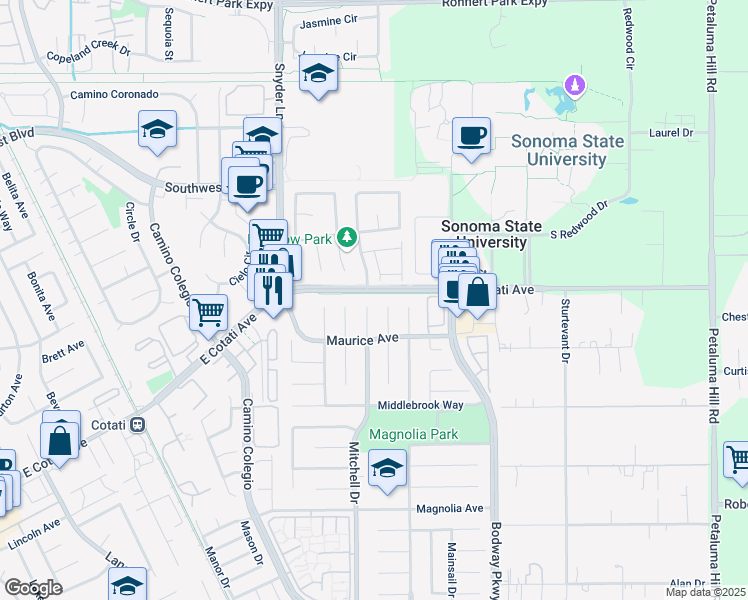 map of restaurants, bars, coffee shops, grocery stores, and more near 7404 Mitchell Drive in Rohnert Park