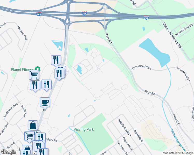 map of restaurants, bars, coffee shops, grocery stores, and more near 4038 Herb Lewis Road in Jeffersonville