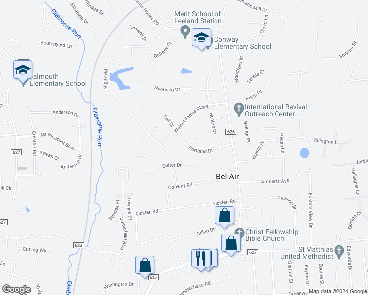 map of restaurants, bars, coffee shops, grocery stores, and more near 385 Portland Drive in Fredericksburg