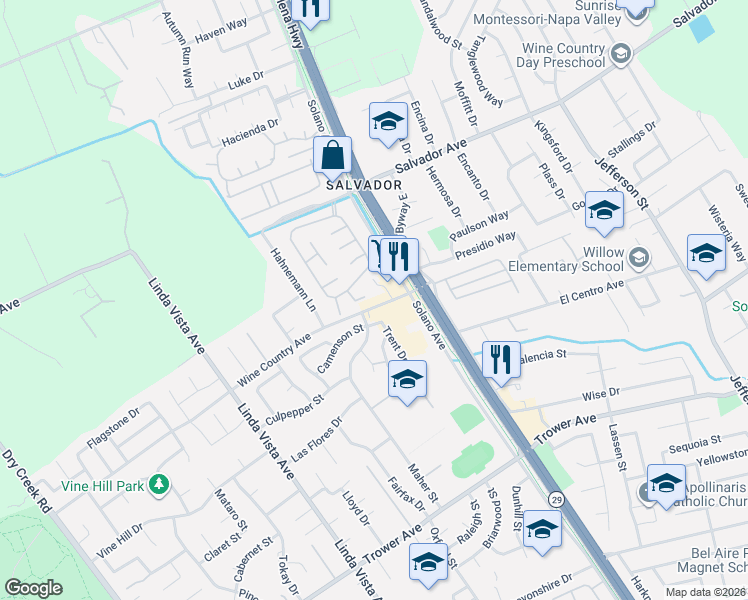 map of restaurants, bars, coffee shops, grocery stores, and more near 1036 Wine Country Avenue in Napa