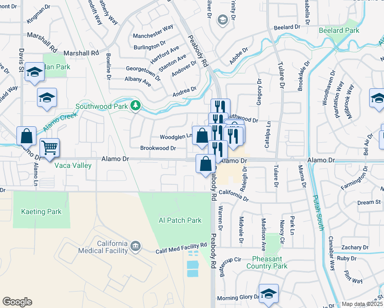 map of restaurants, bars, coffee shops, grocery stores, and more near 1910 Glencrest Drive in Vacaville