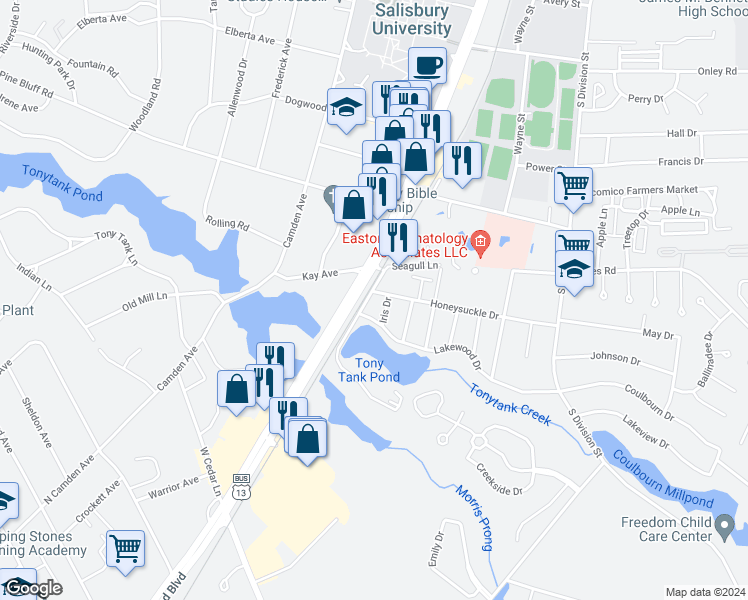 map of restaurants, bars, coffee shops, grocery stores, and more near 225 Lakewood Drive in Salisbury